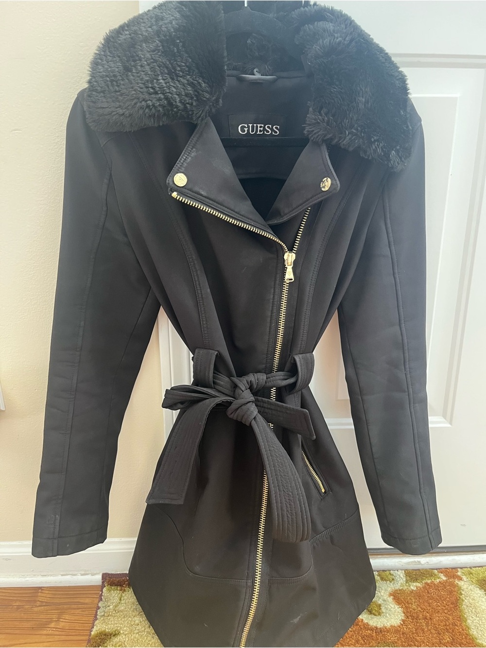 GUESS Black Trench Coat with Faux Fur Collar and Gold Hardware